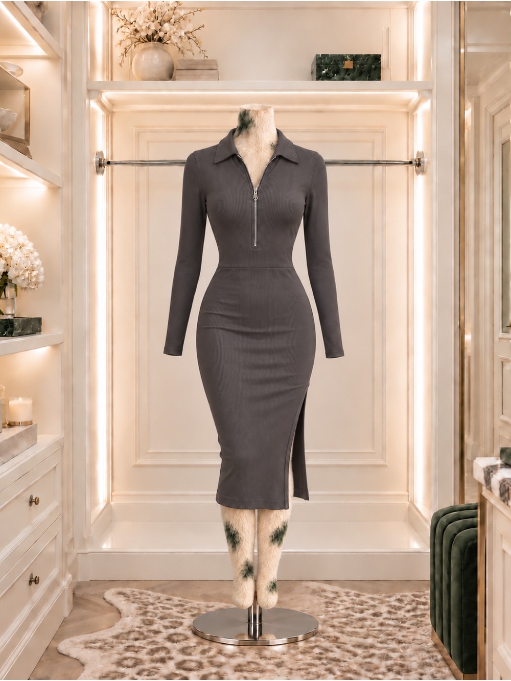 OQQ Charcoal Gray Ribbed Half-Zip Midi Dress | Small | Like New